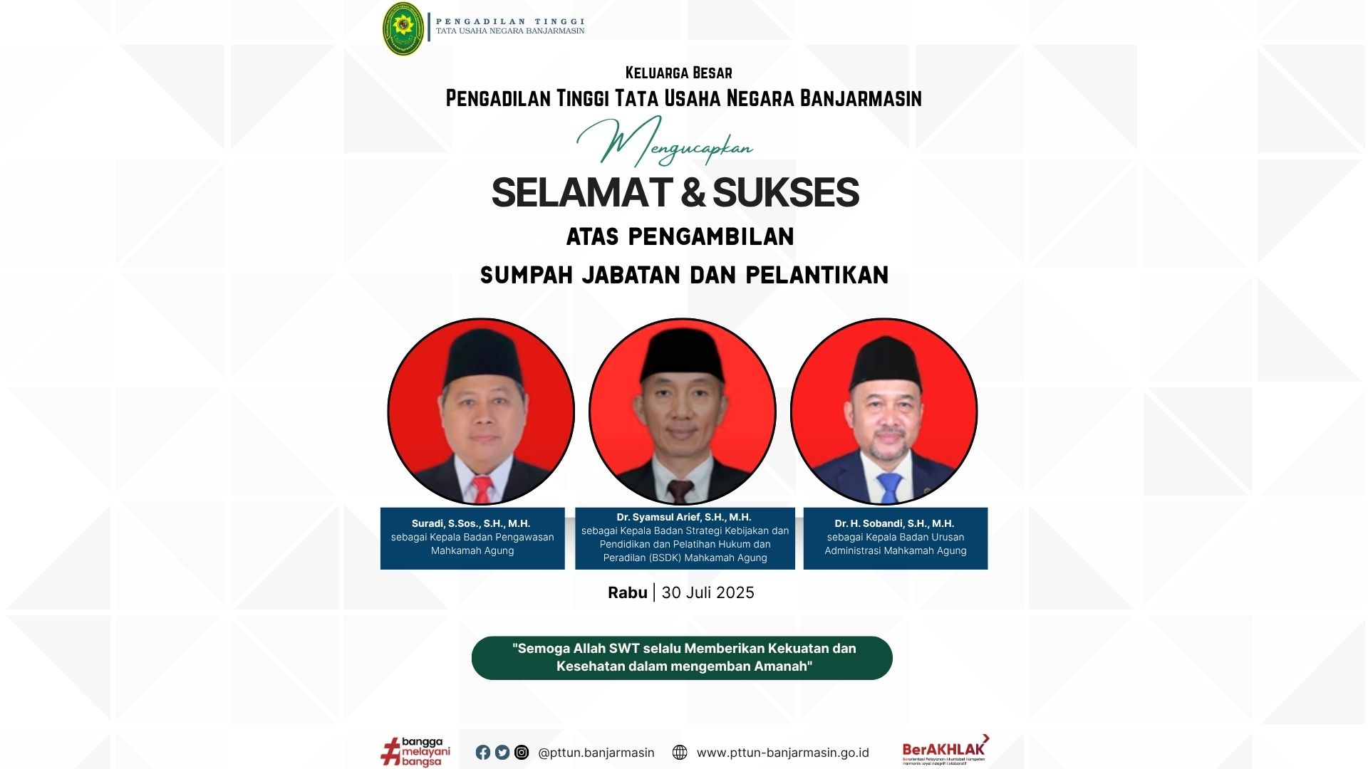 Pengadilan Tinggi TUN Banjarmasin Mengucapkan Selamat Atas PelantikanTiga Pejabat Eselon I Di Lingkungan Mahkamah Agung Republik Indonesia 